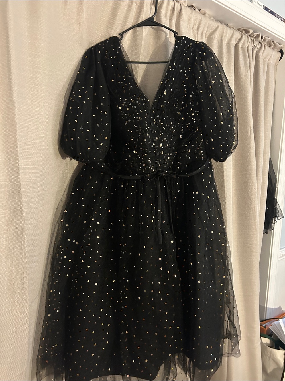 Girls' Black Star-Print Puff Sleeve Party Dress